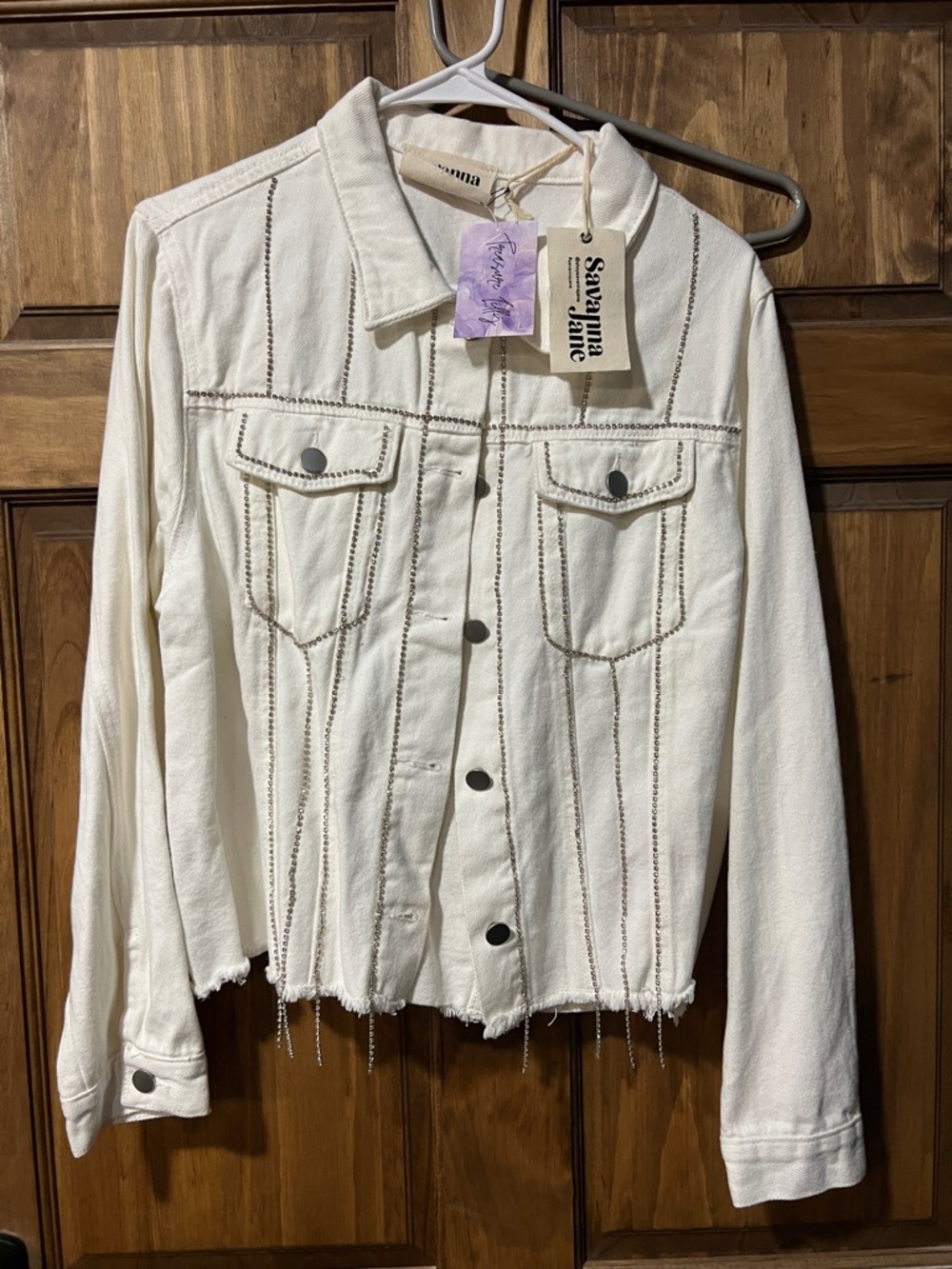Savanna Jane Cream Button-Front Jean Jacket with Contrast Stitching